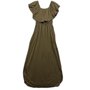 Thanth Womens Sz L Olive Green Ruffle Off Shoulder Maxi Dress Hip Pockets Boho